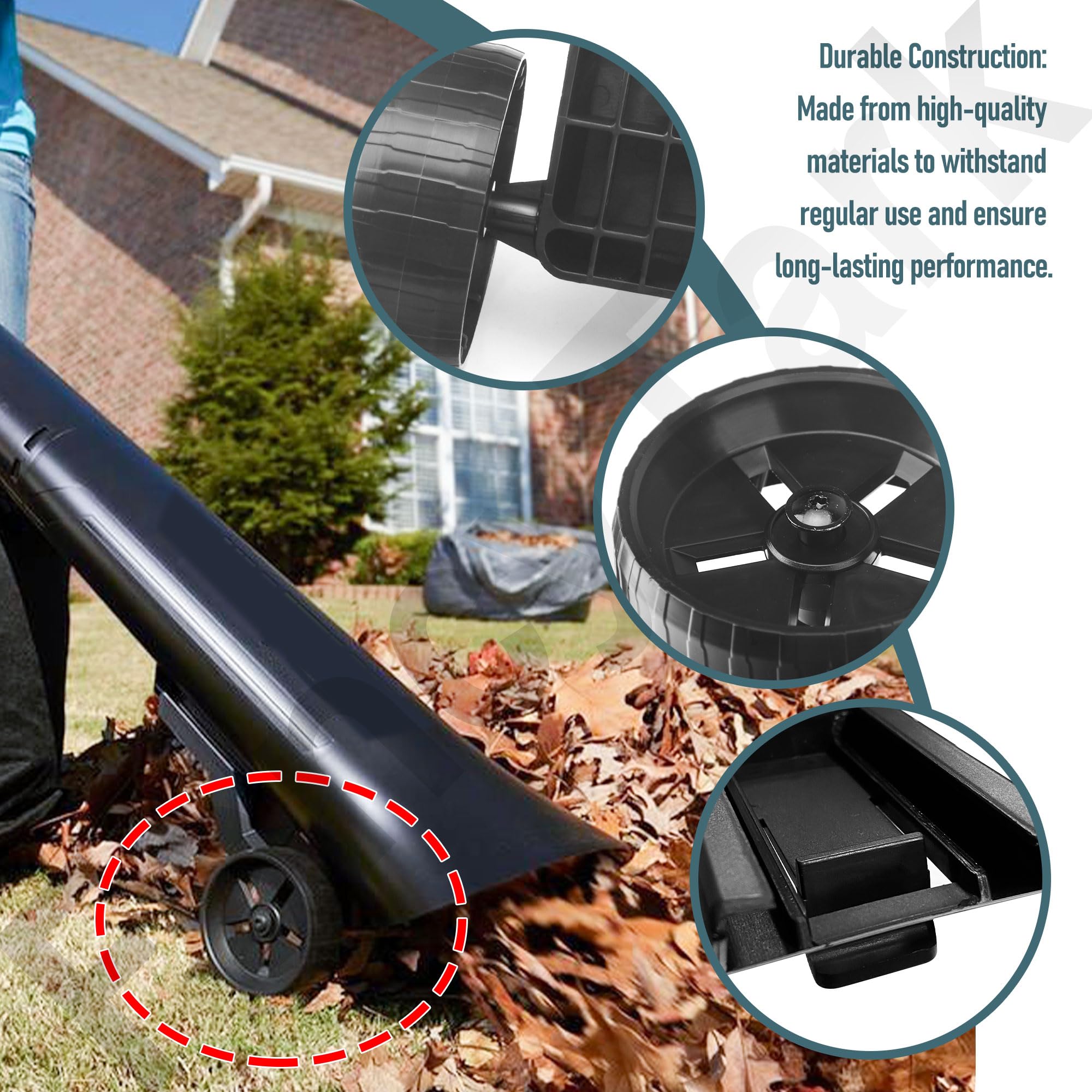 FancyTark leaf vacuum wheel-assembly closeup shows sturdy construction for long service.