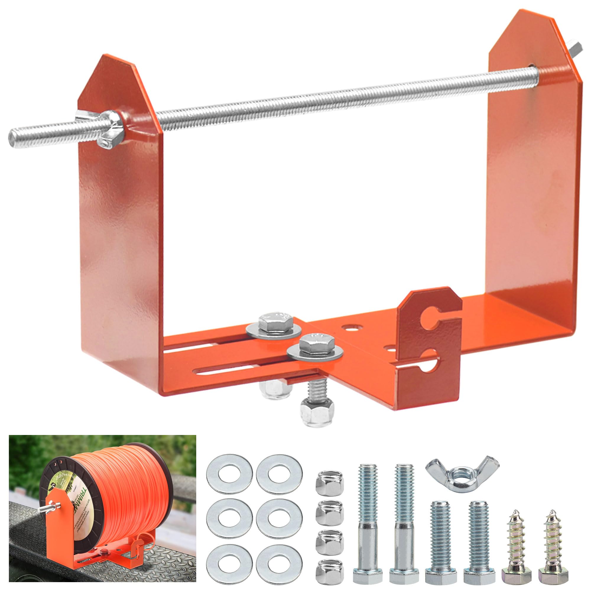 FancyTark weed wacker spool holder front view shows orange, for trailer organization