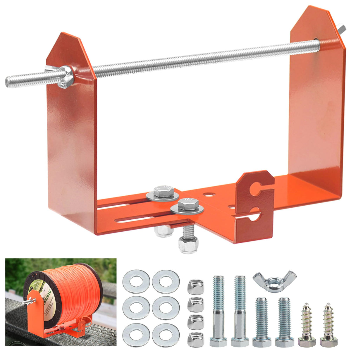 FancyTark weed wacker spool holder front view shows orange, for trailer organization