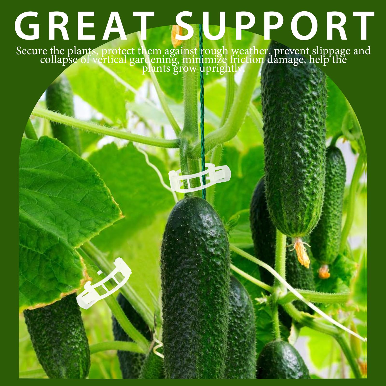 Fandamei vertical garden clips on a trellis supporting cucumbers and peppers.