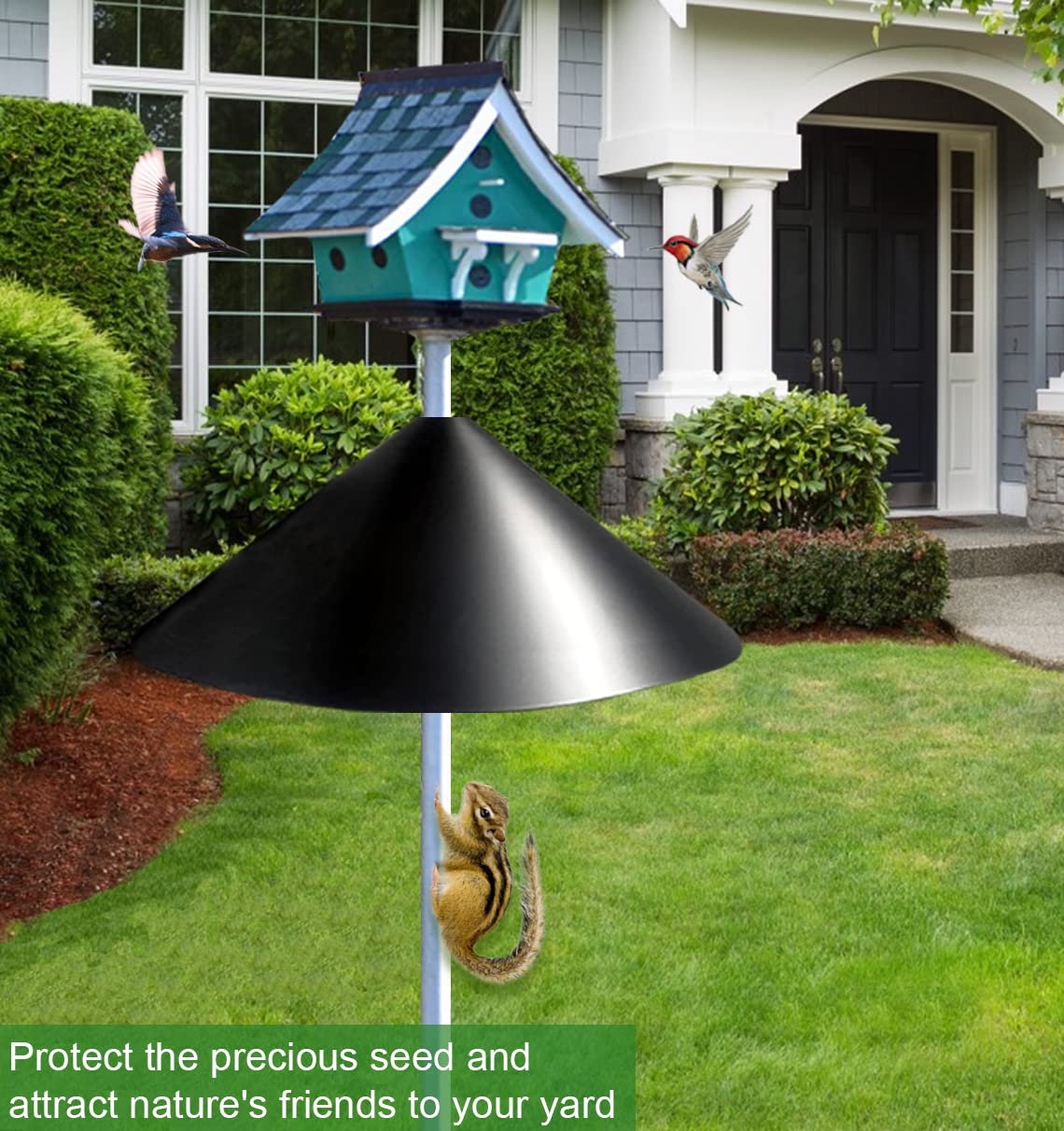 Fandature protects bird feed and helps gardens attract songbirds.