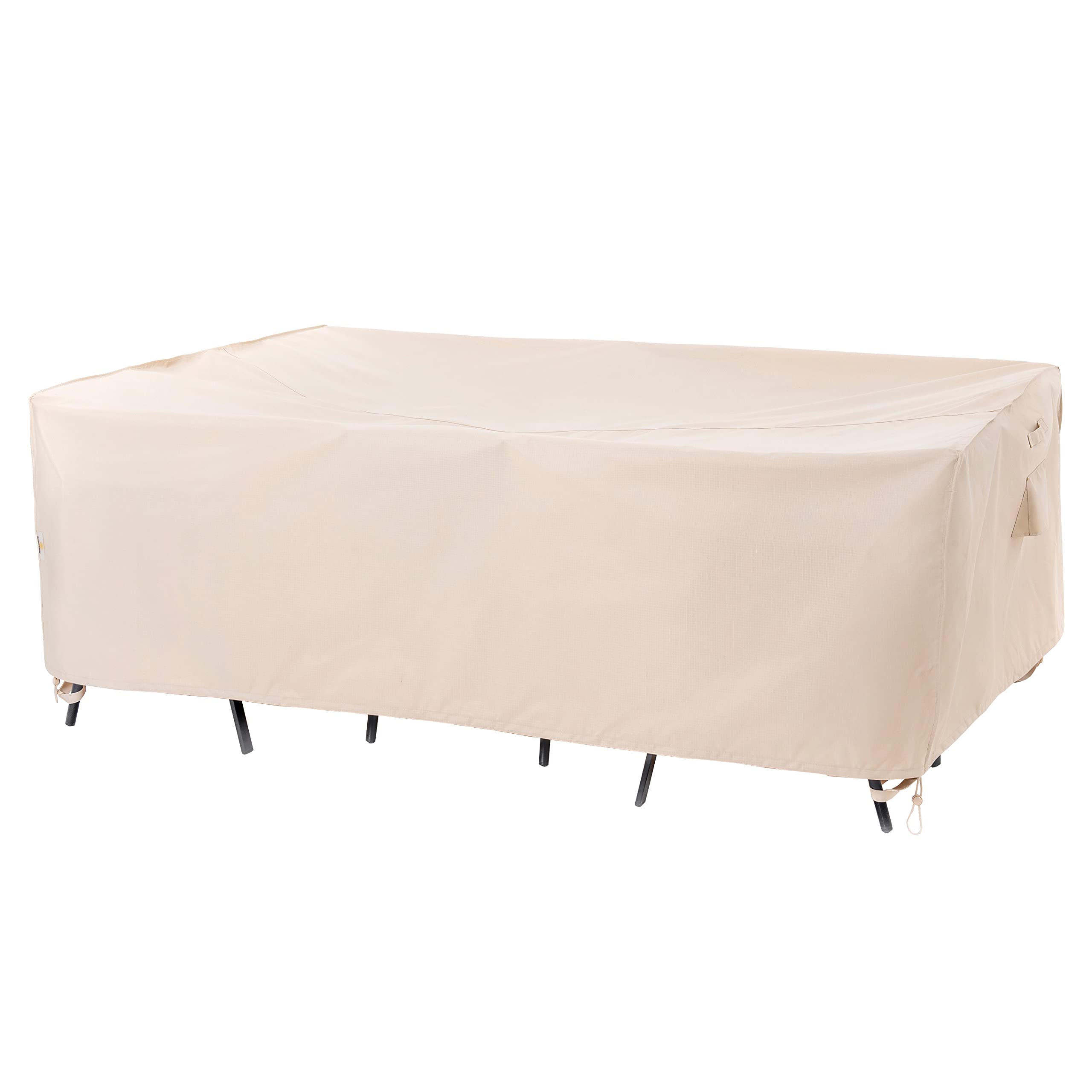 F&J Outdoors patio cover shown on a full dining set for outdoor protection.