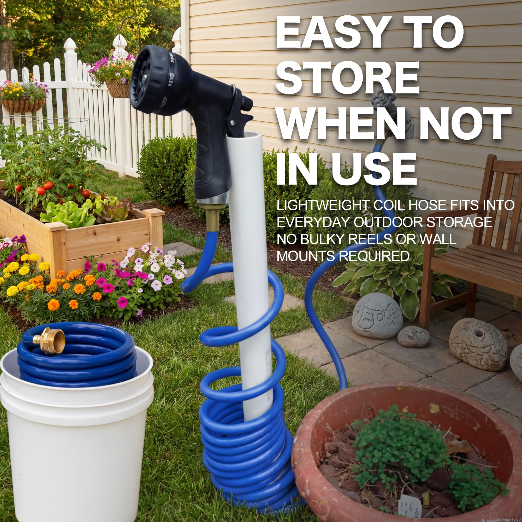 FangFarm hose stores neatly, retracting on hooks for compact outdoor organization