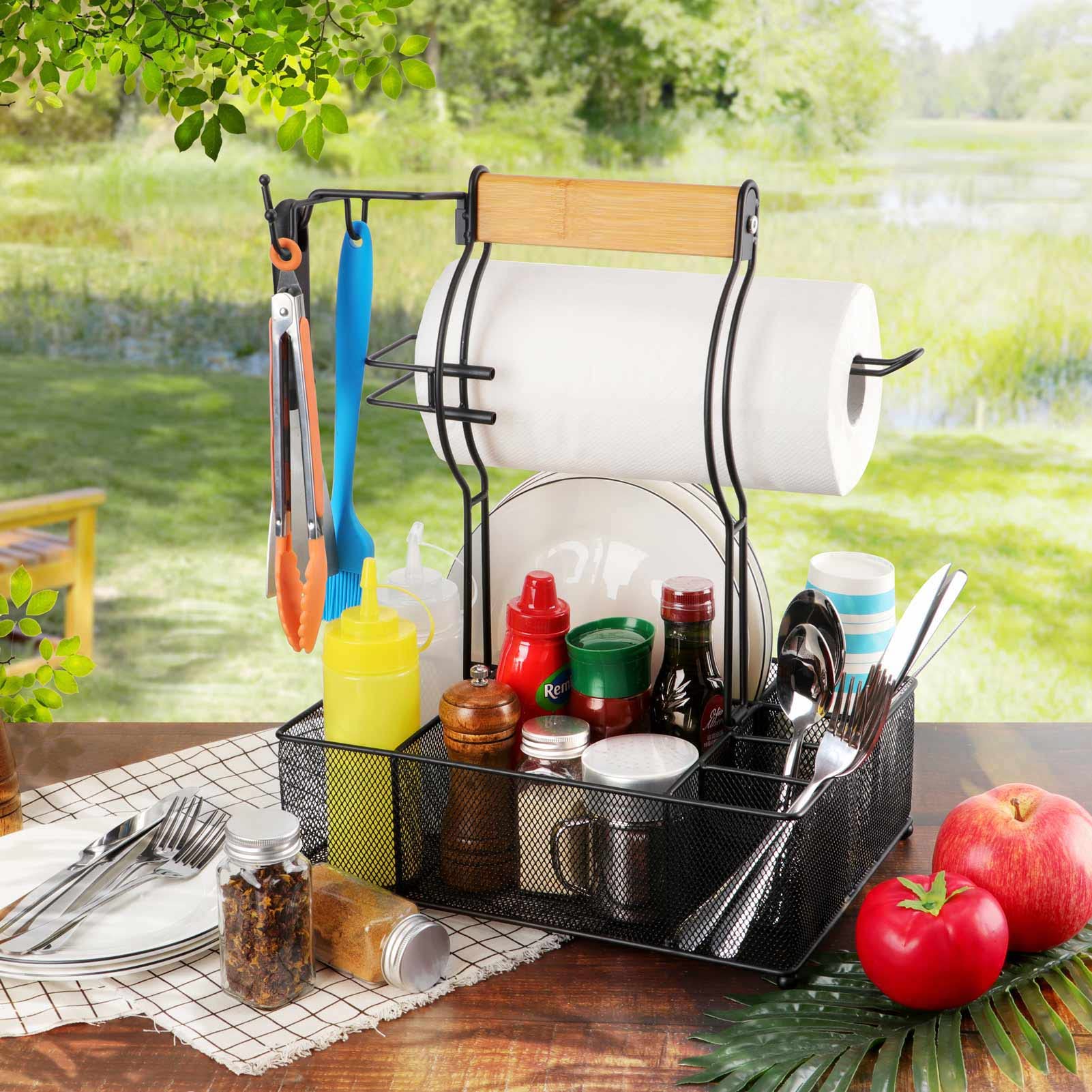 FANGSUN Grill Caddy hanging hooks keep utensils off the table.
