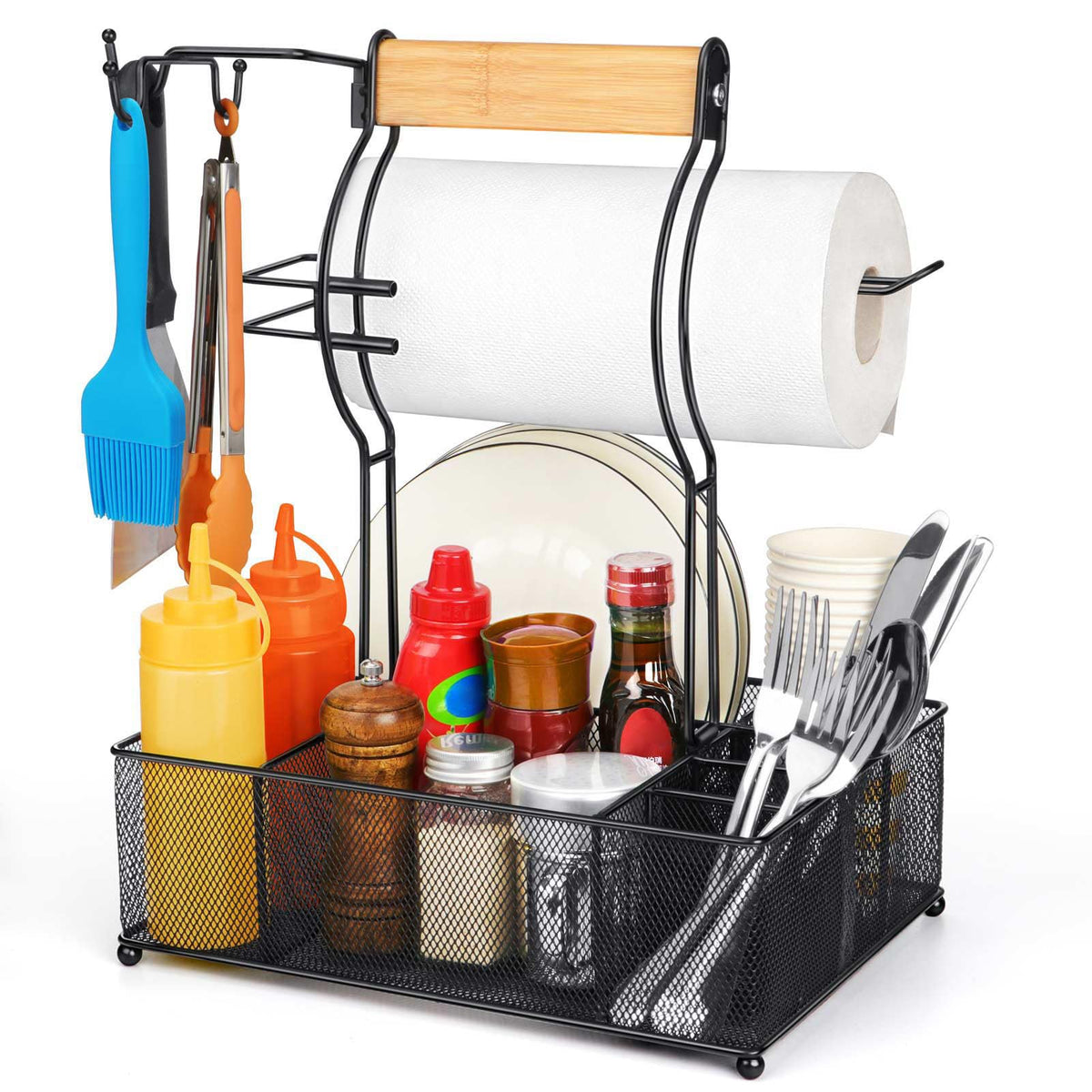 FANGSUN Grill Caddy with paper towel holder keeps condiments organized outdoors.