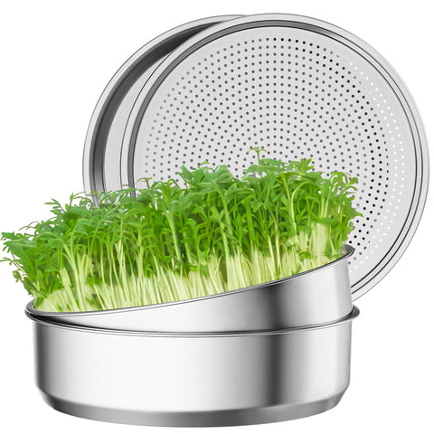 FANHAO two-pack stainless steel sprouting trays with mesh for clean, airy sprouts.