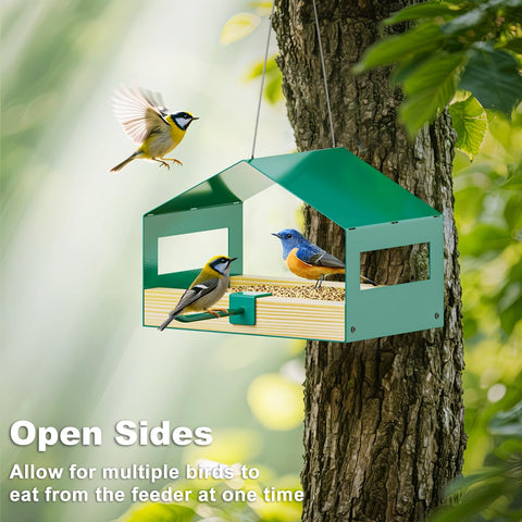 FANHAO bird feeder showing rust-resistant stainless steel mesh tray and drainage