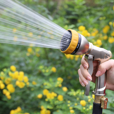 FANHAO nozzle showing seven patterns for versatile gardening and car washing.