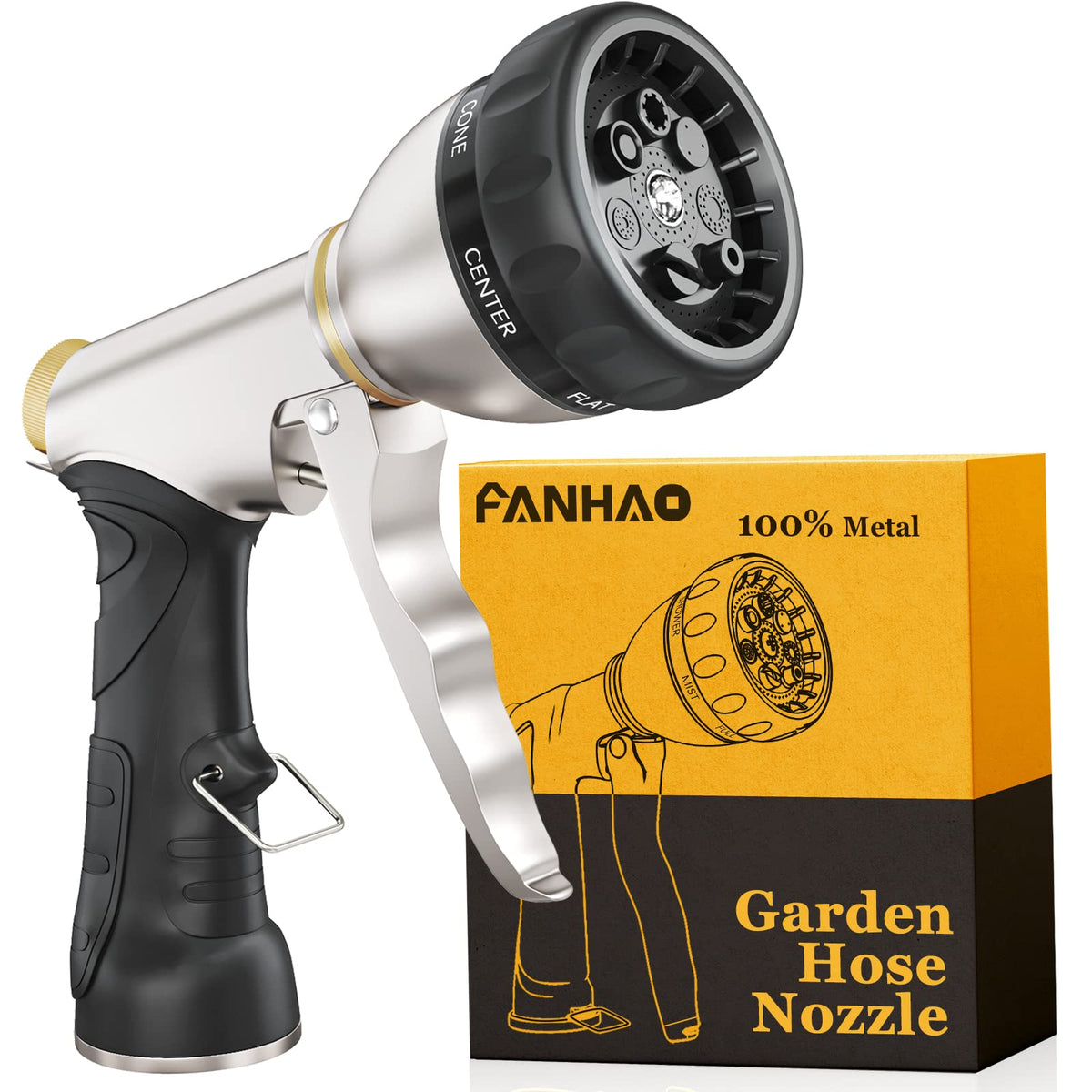 FANHAO garden hose nozzle front view highlighting durable all-metal construction.
