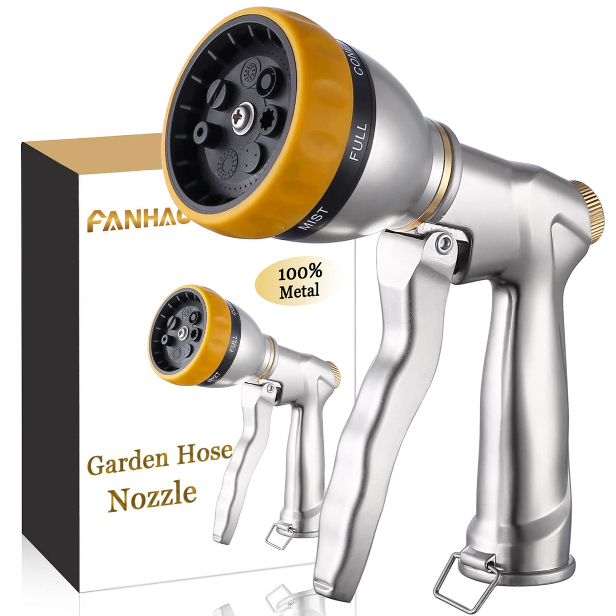 FANHAO garden hose nozzle with metal body for durable watering tasks.