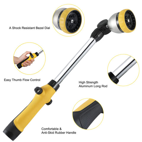 Eight-pattern spray head adapts to tasks like watering baskets.