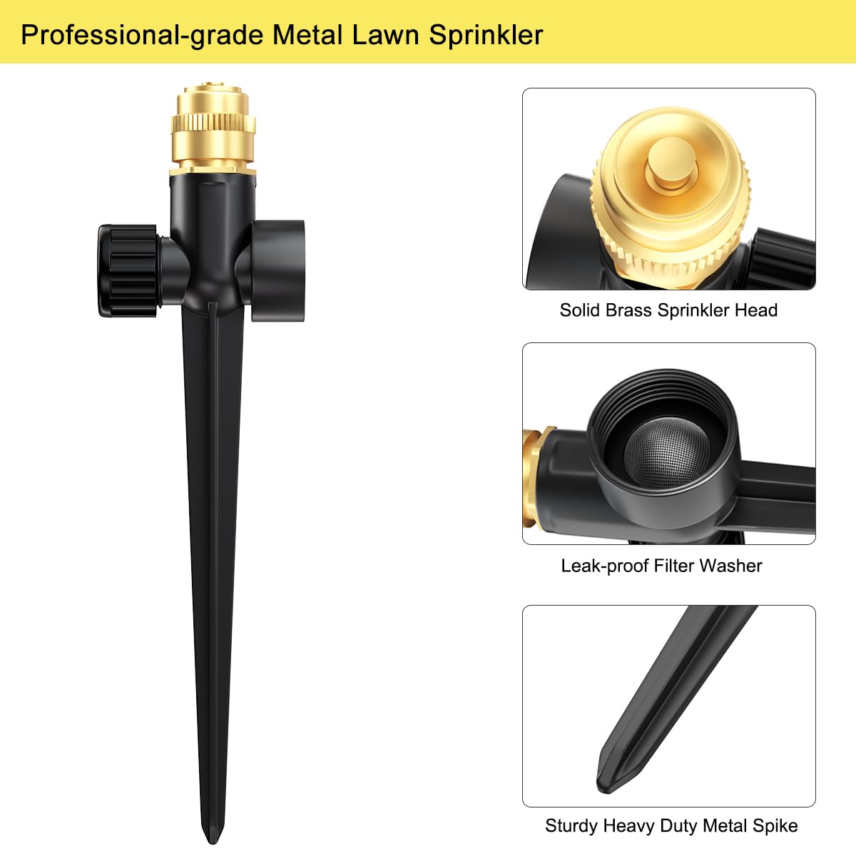 FANHAO metal spike anchors the sprinkler for hands-free setup in lawns.