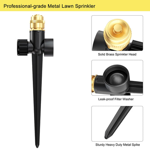 FANHAO metal spike anchors the sprinkler for hands-free setup in lawns.