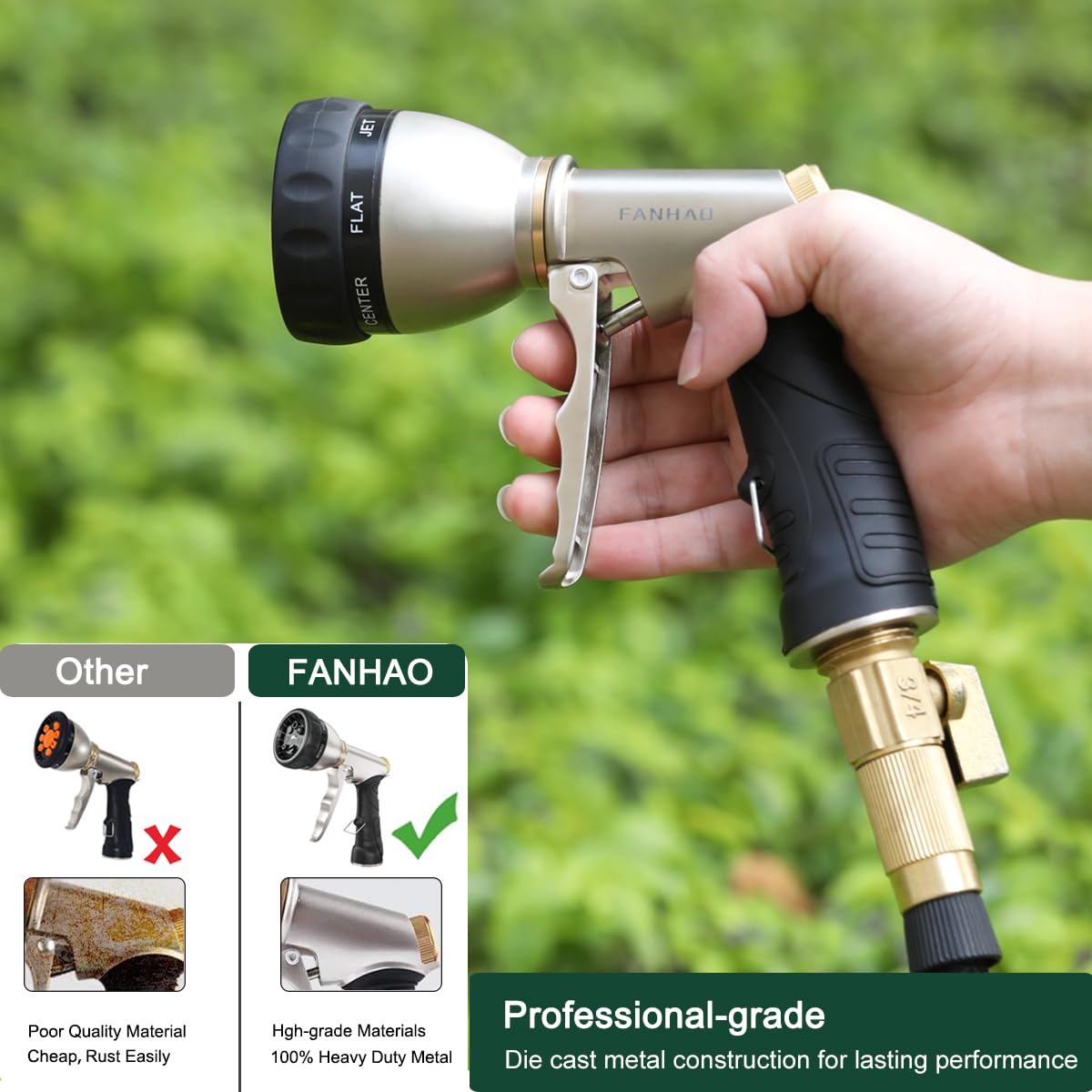 FANHAO nozzle in use watering patio with powerful jet and gentler spray.