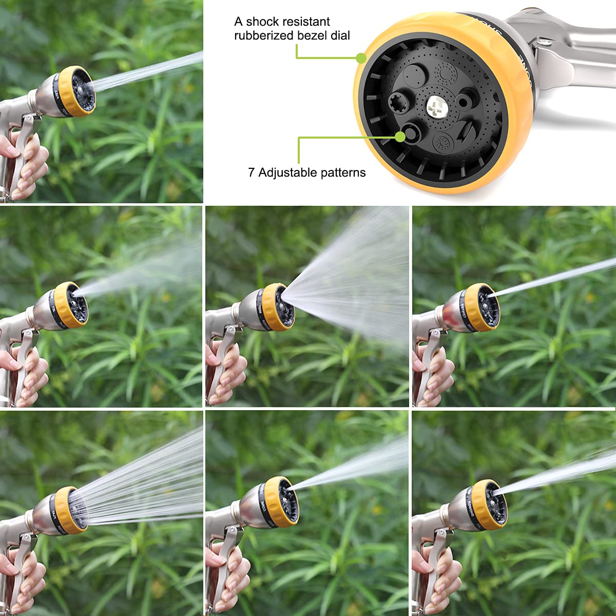 Zinc alloy body of FANHAO nozzle highlights robust construction.