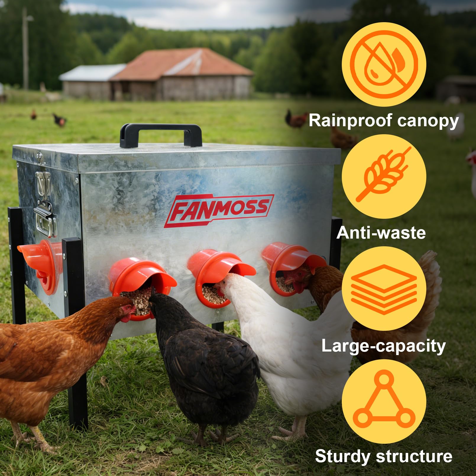 Fanmoss 60lb feeder port system image demonstrates gravity-fed no-waste feeding.