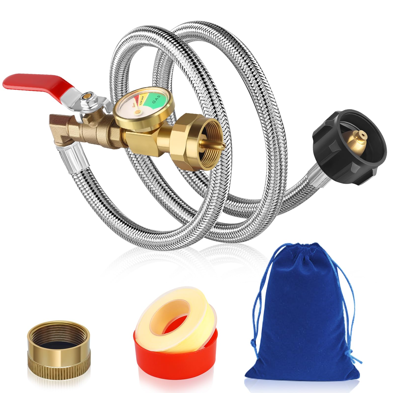 FANOVO upgraded propane refill adapter with gauge for quick level checks and leaks.