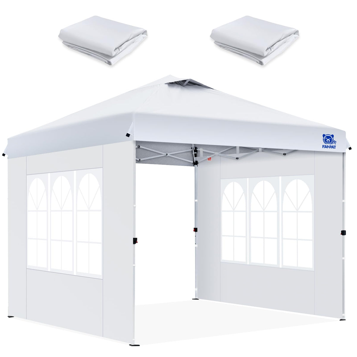 FANPAT canopy sidewall with church window blocks wind while letting light in.