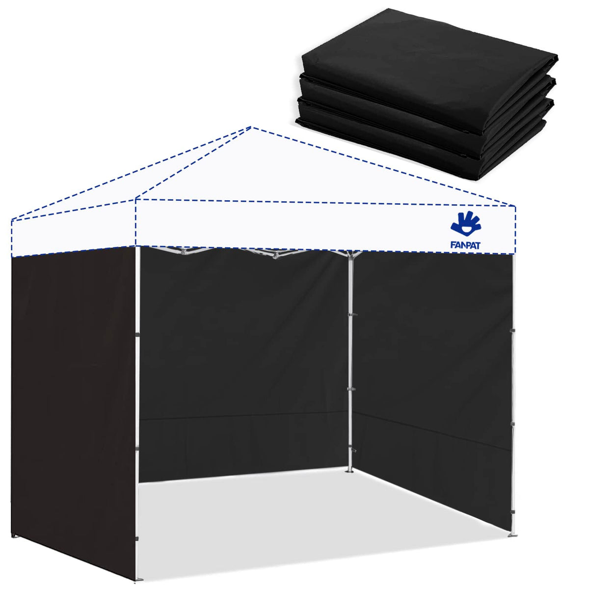 Fanpat sidewall showing 118x86 inch coverage for 10x10 canopy