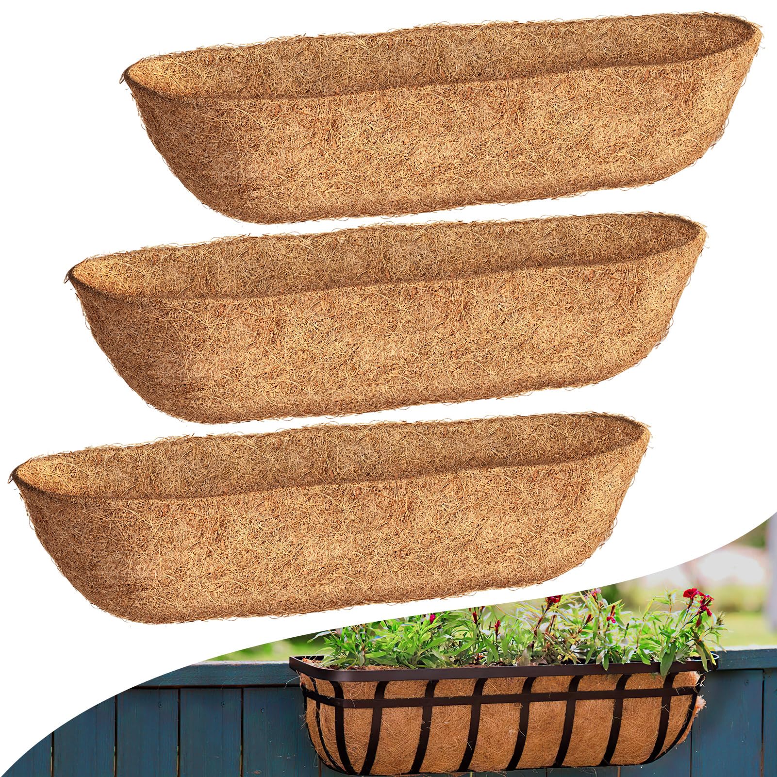 Fansile 30 inch trough coco liner keeps baskets sturdy for seasonal displays.