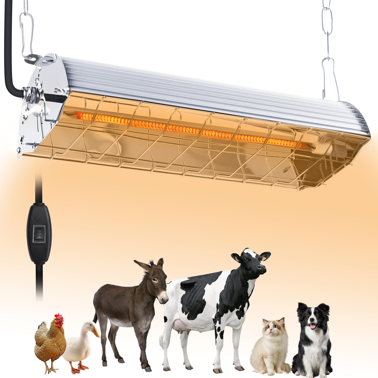 Fanspex 600W hanging heater over a coop delivering quick warmth to poultry