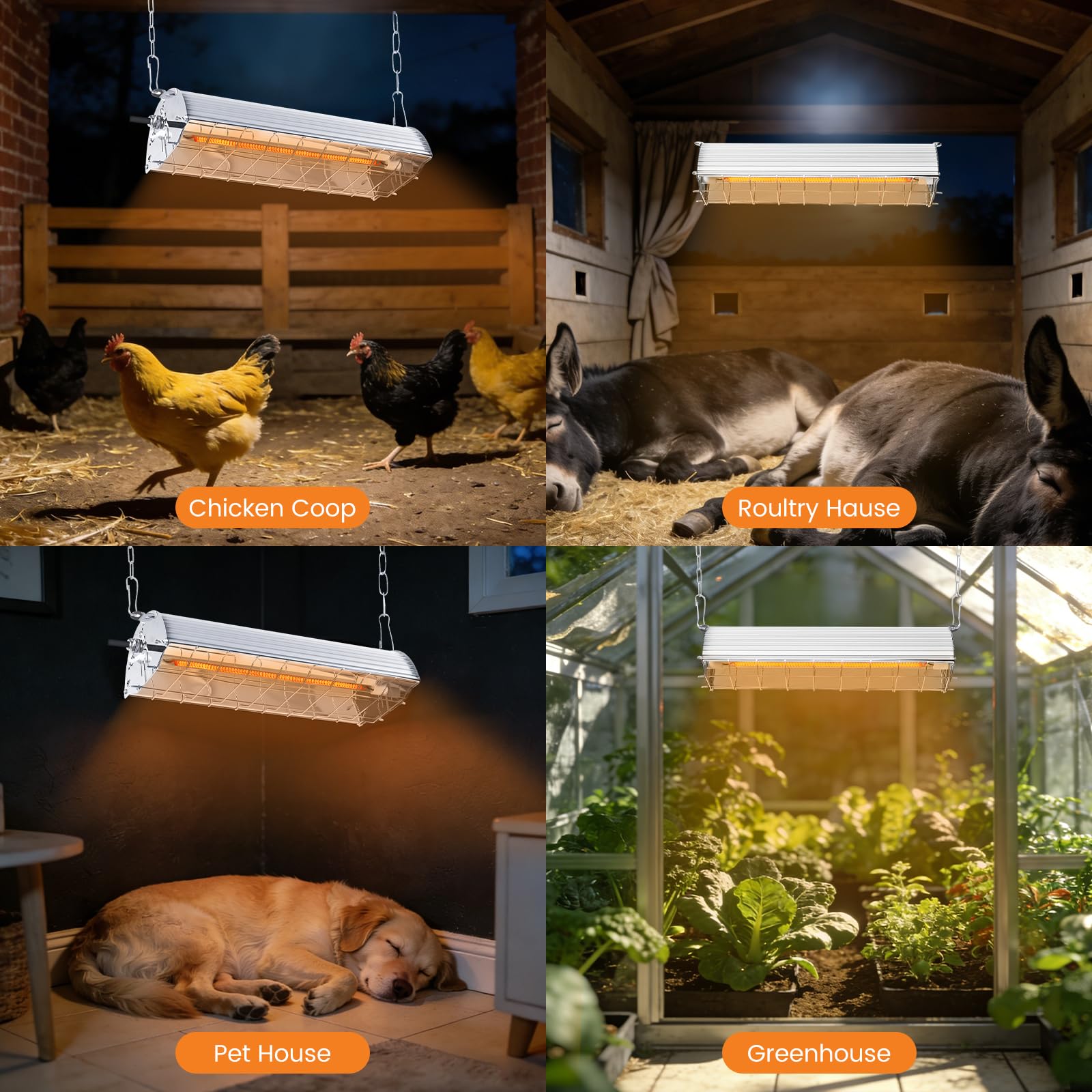 Fanspex 600W heater mounted to provide wide heat distribution in a barn