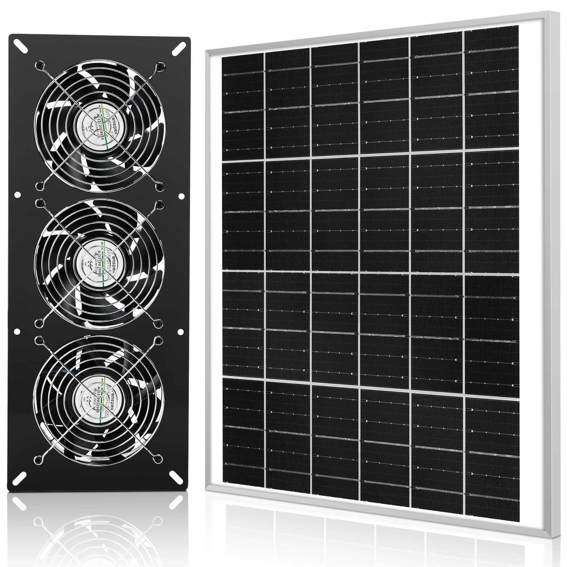 Fanspex solar 3-fan kit with panel and fans boosting outdoor airflow