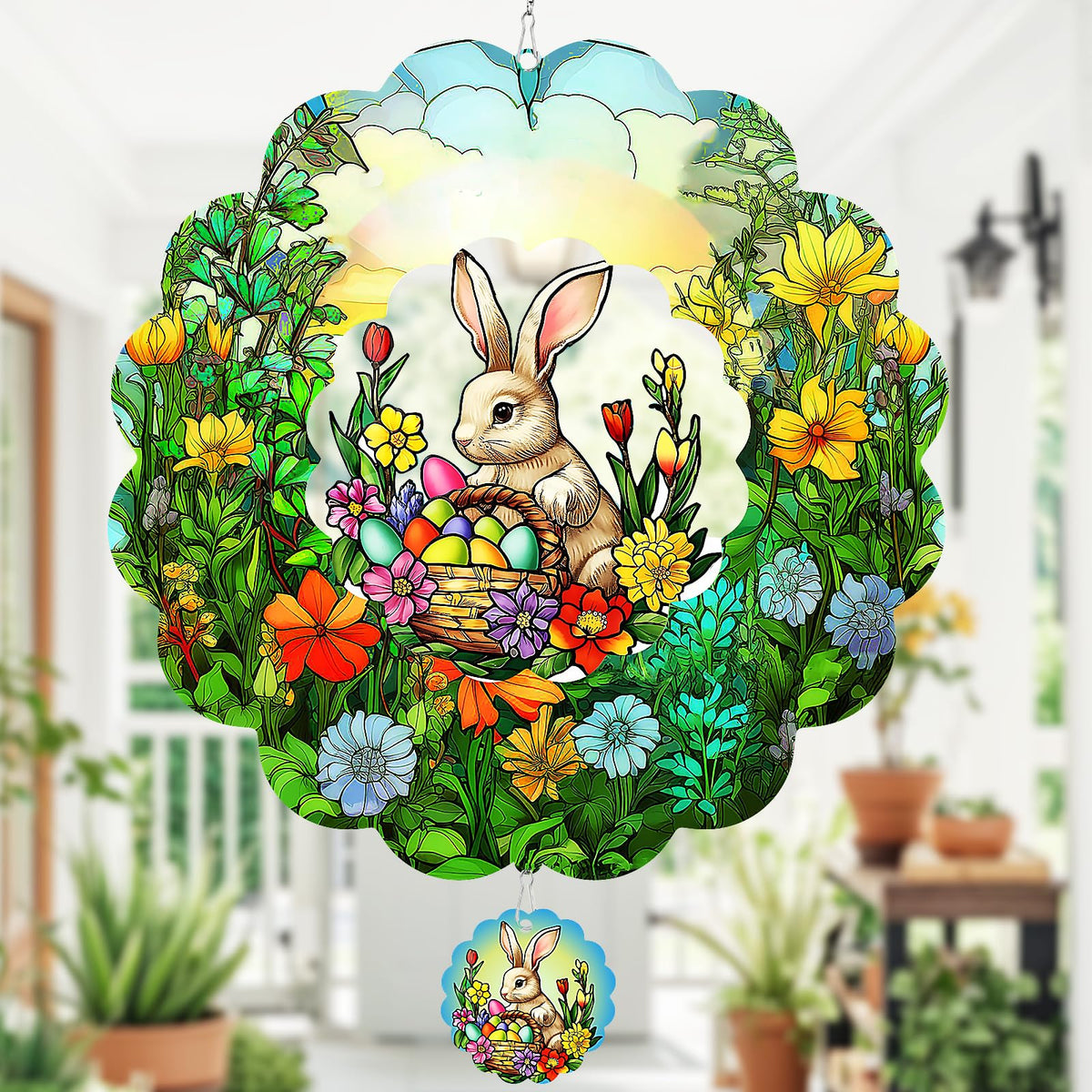 FANTAART Easter Bunny wind spinner assembly with 3D eggs catching sunlight
