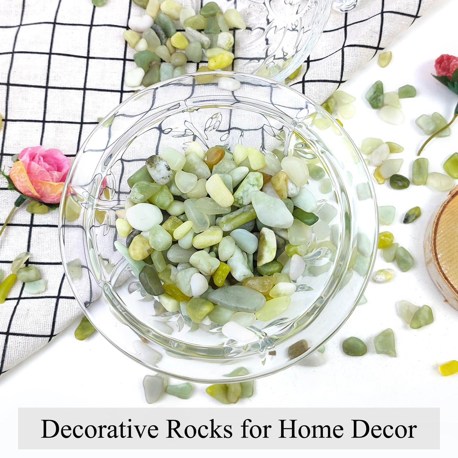 FANTIAN jade gravel tops protect soil in planters and terrariums.