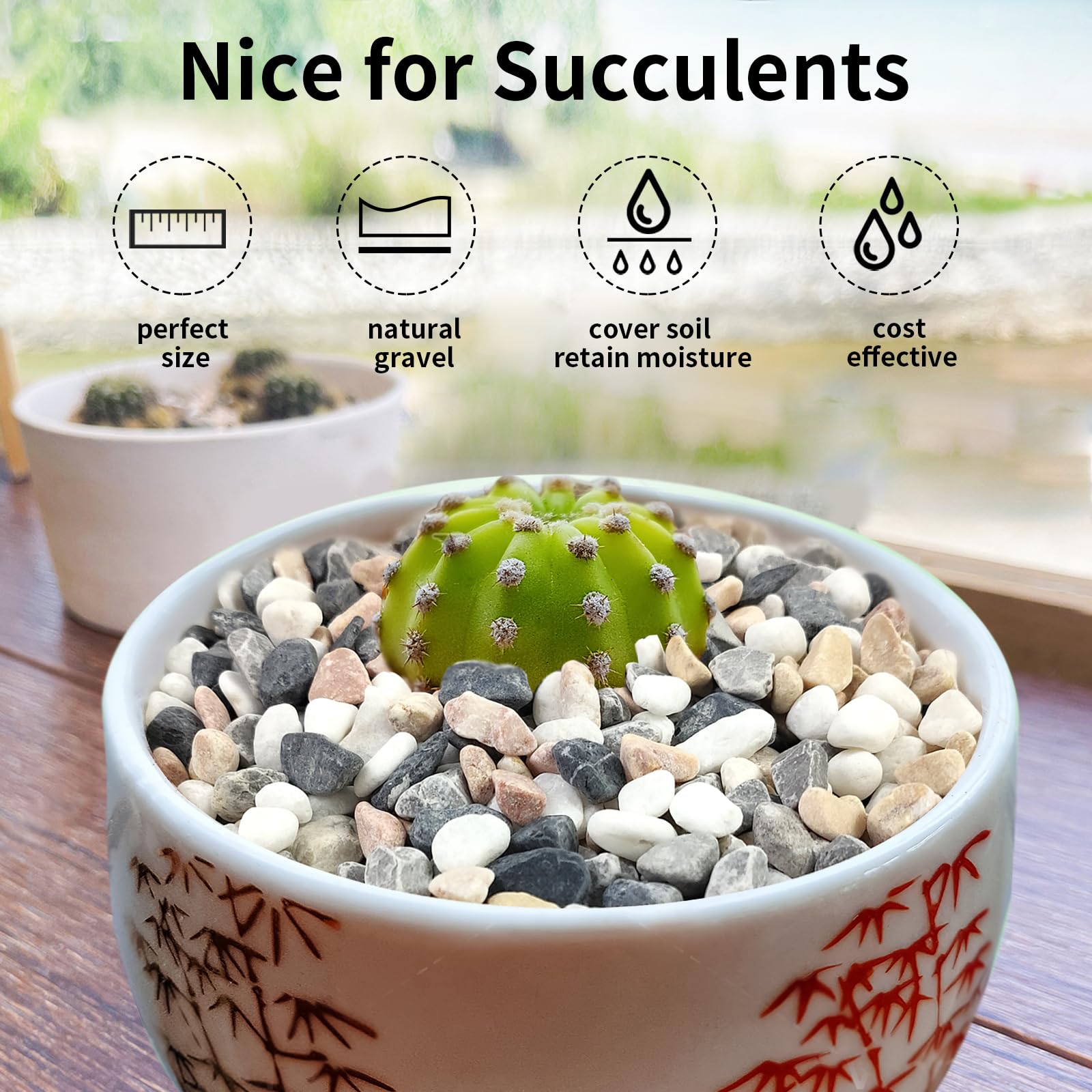 FANTIAN pebbles in indoor planters, improving drainage and look.