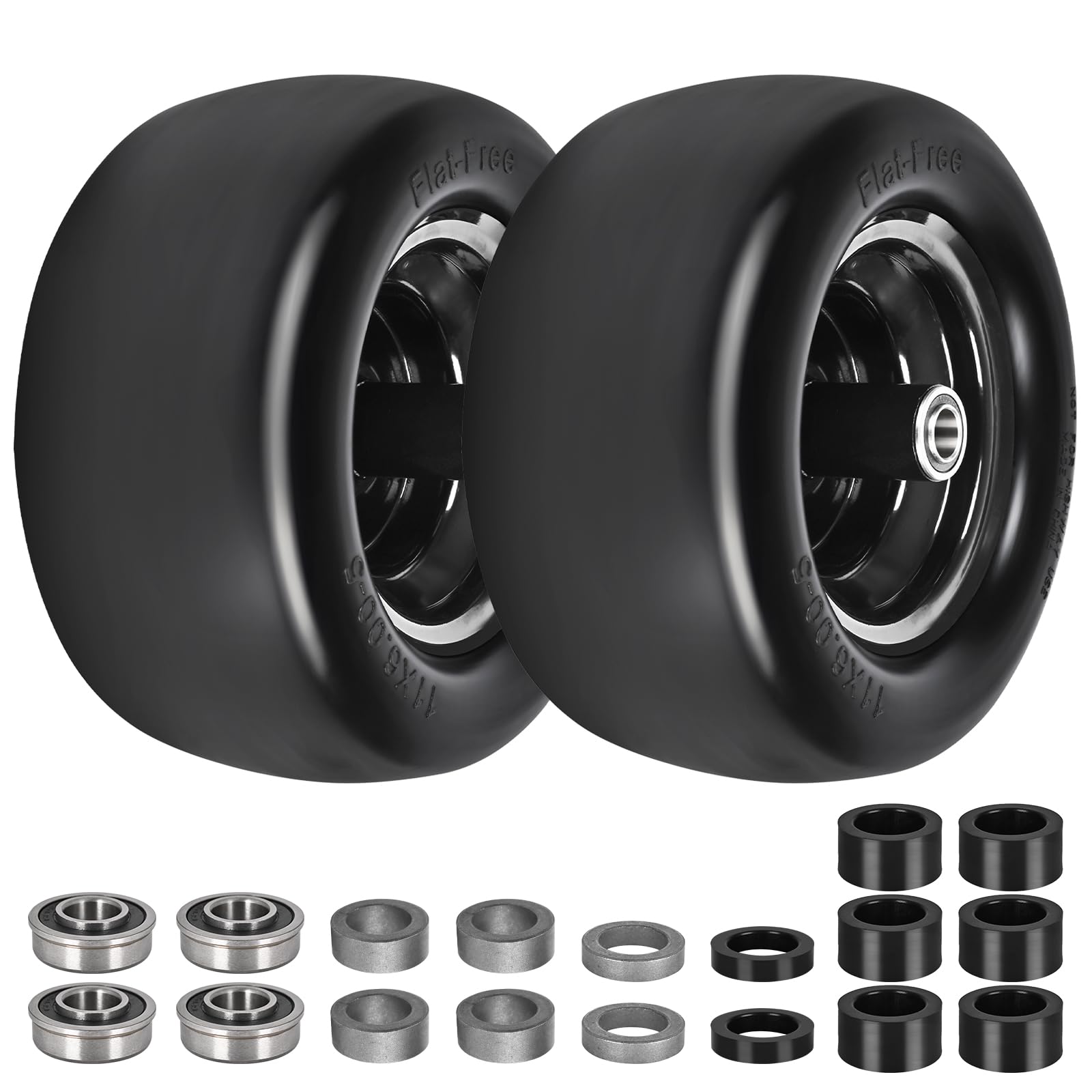 Fanxier 11x6-5 flat free tire side view shows durable polyurethane construction for lawn care