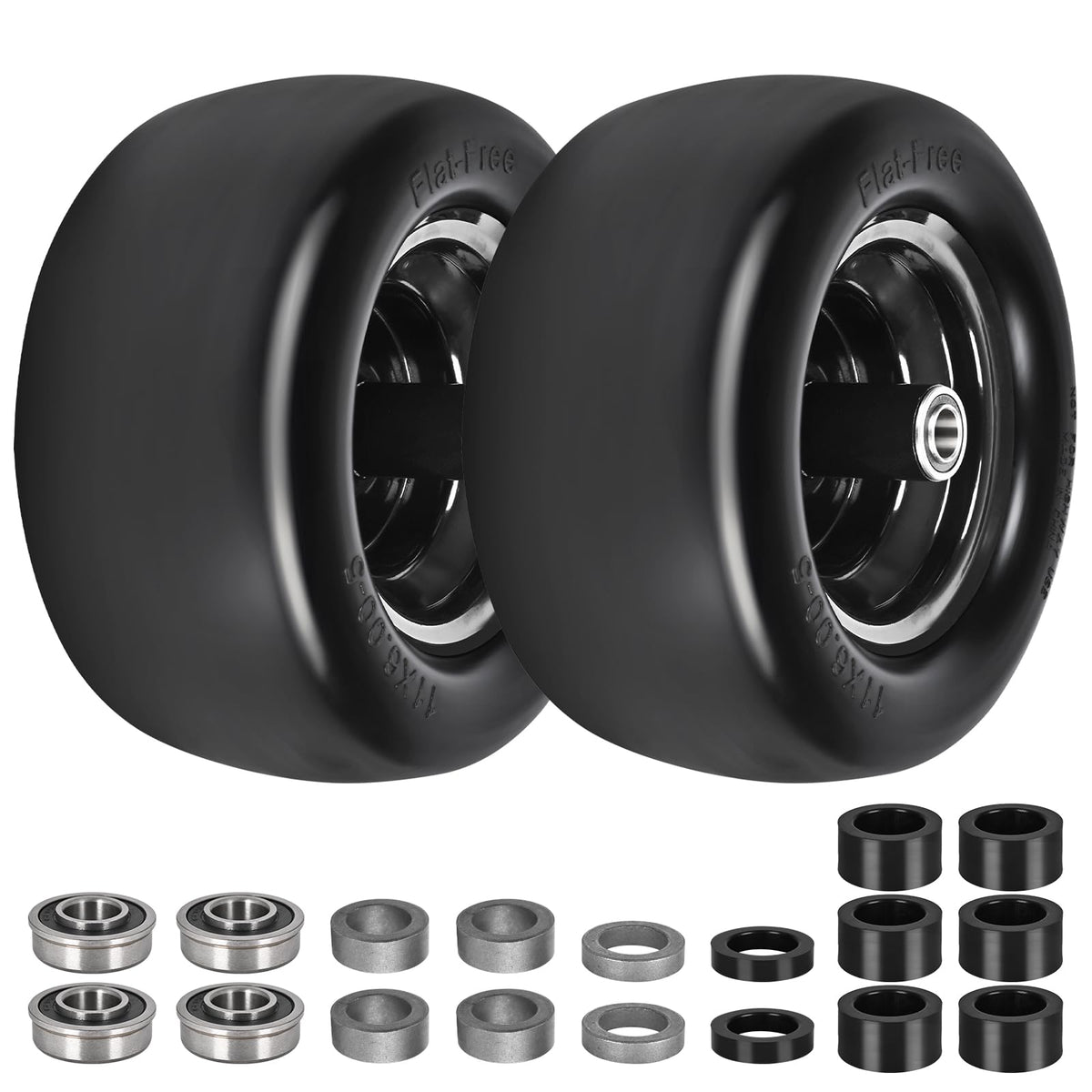 Fanxier 11x6-5 flat free tire side view shows durable polyurethane construction for lawn care