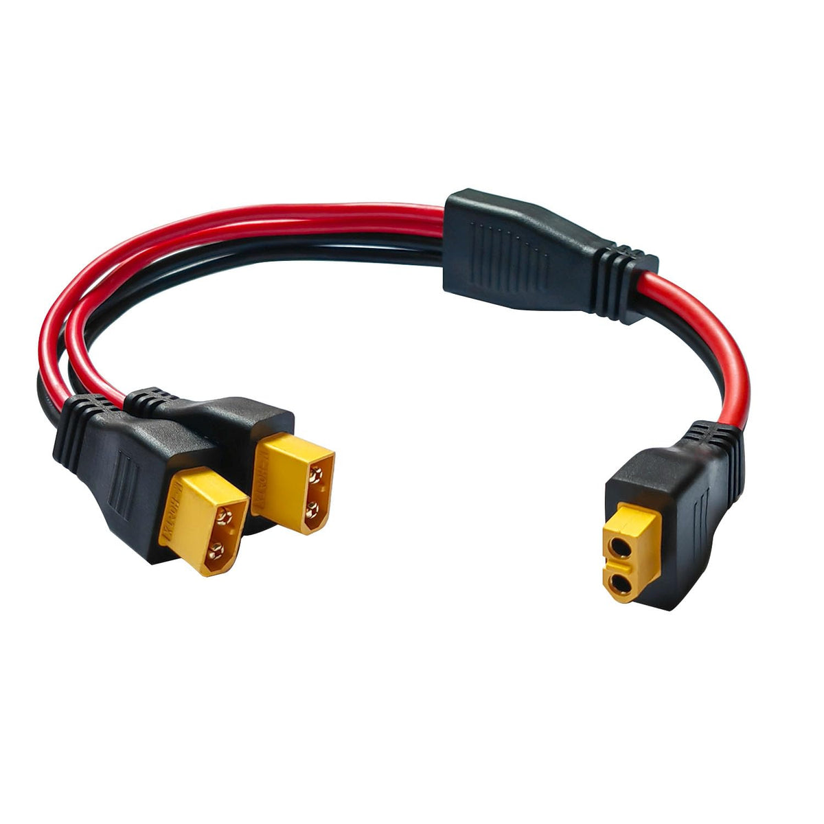 Faoyliye XT60 Y-splitter cable showing dual-output power capability for solar setups.