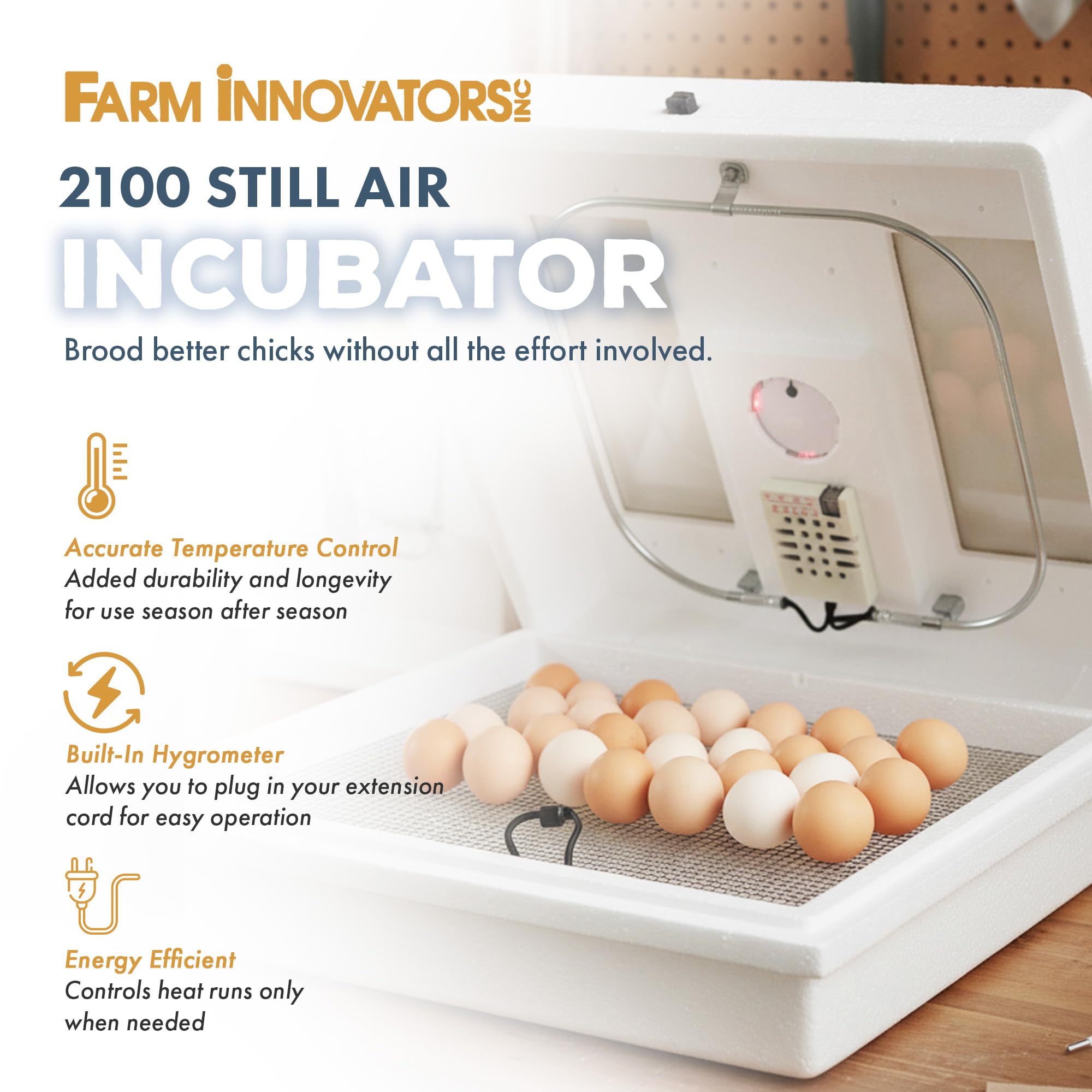 Farm Innovators 2100 built-in hygrometer monitors temperature and humidity
