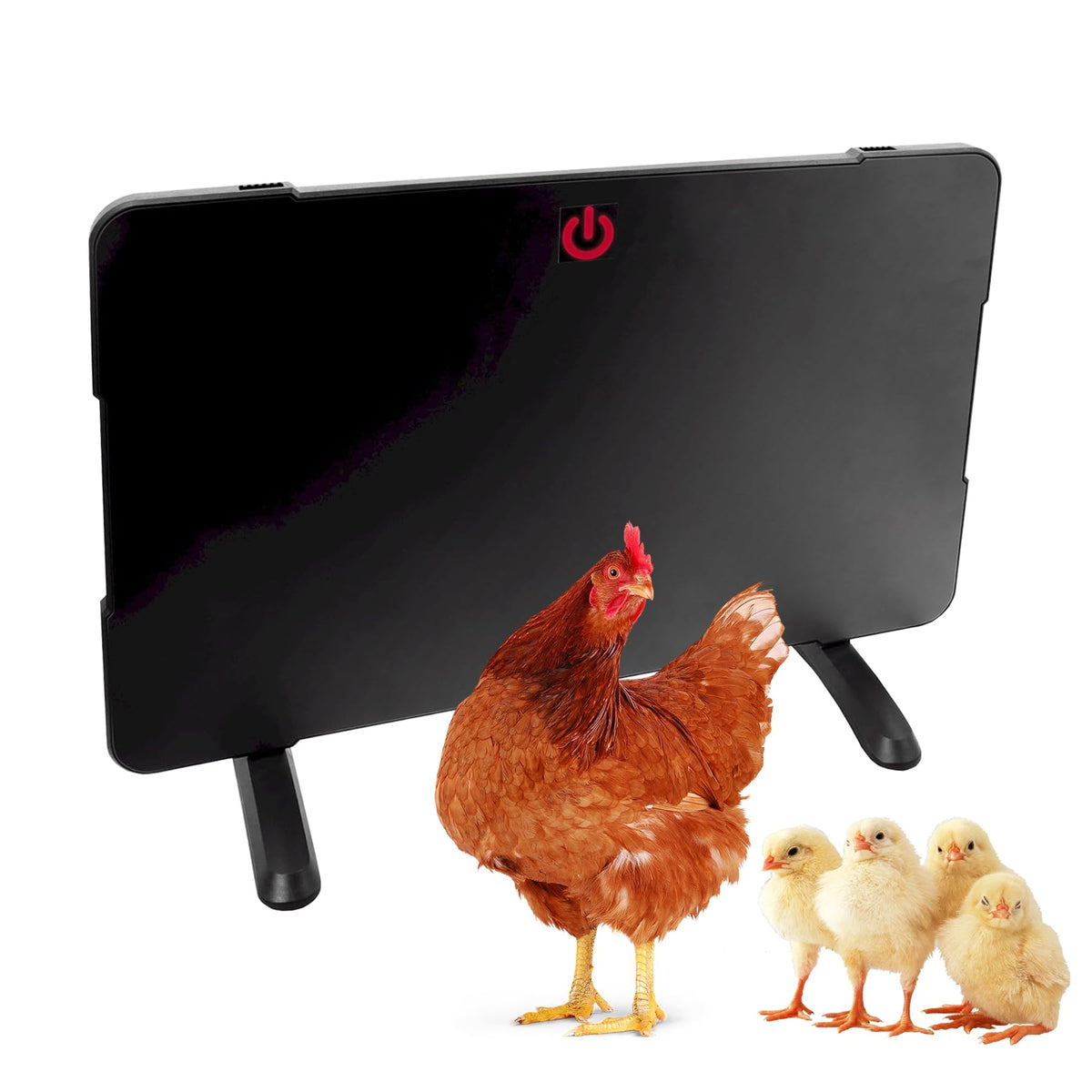 Farm Innovators 2-in-1 radiant coop heater mounted free-standing for stable warmth