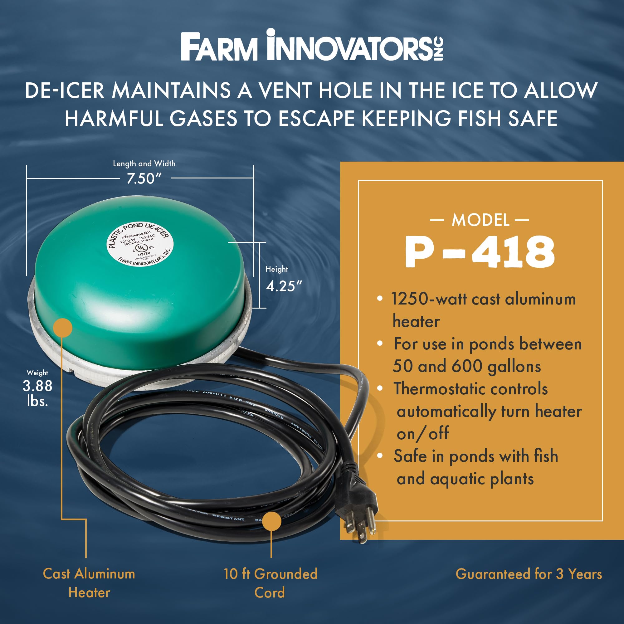 Thermostat-controlled operation by Farm Innovators activates only near freezing temperatures.