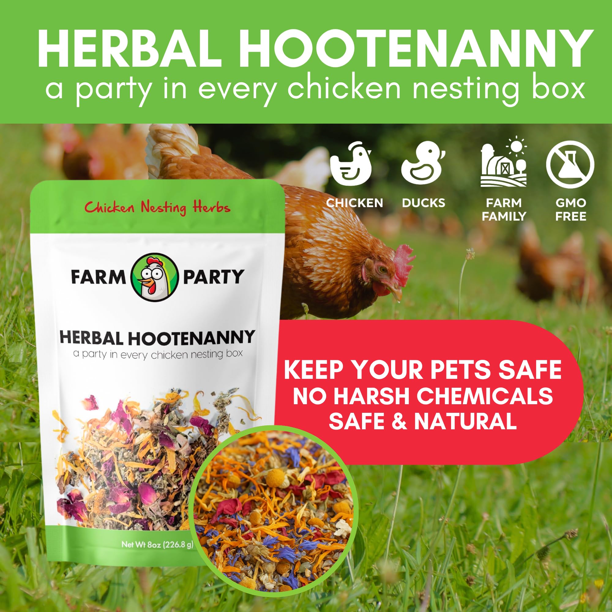 Farm Party chicken dust bath mix deodorizer shown with coop bedding for odor control.