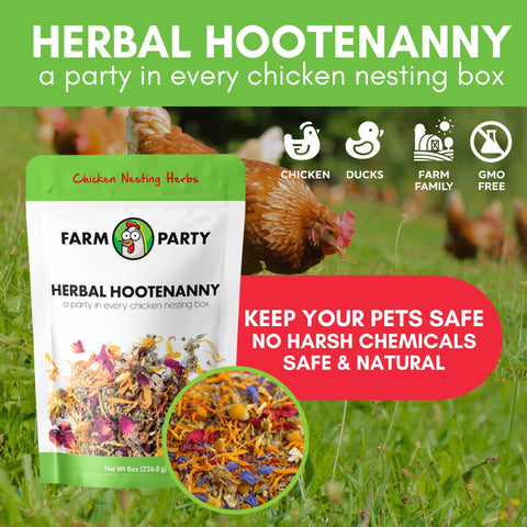 Farm Party chicken dust bath mix deodorizer shown with coop bedding for odor control.
