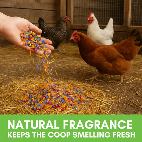 Farm Party coop scene showing natural herbs dust bath for healthy flocks.