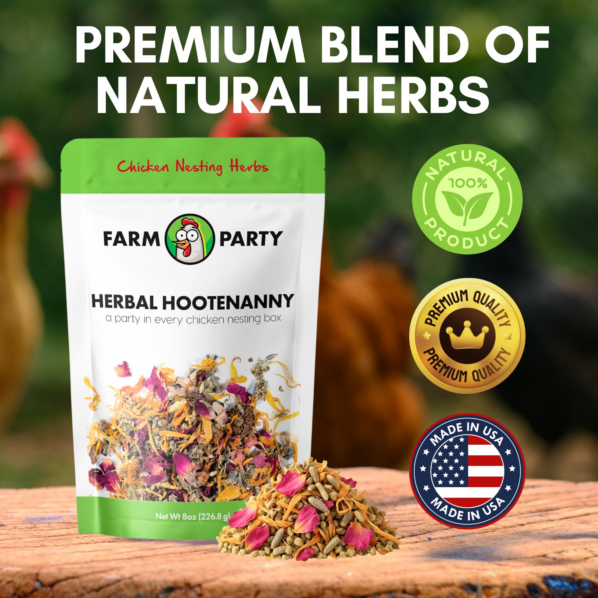 Farm Party hens enjoying herbal scent around coop interior.