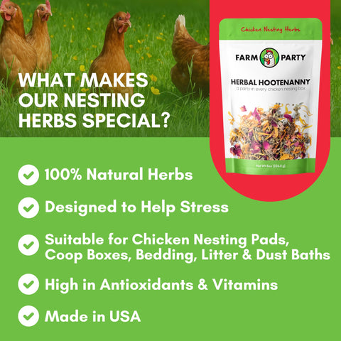 Farm Party nest boxes with herbs illustration highlighting natural deodorizing nesting area.