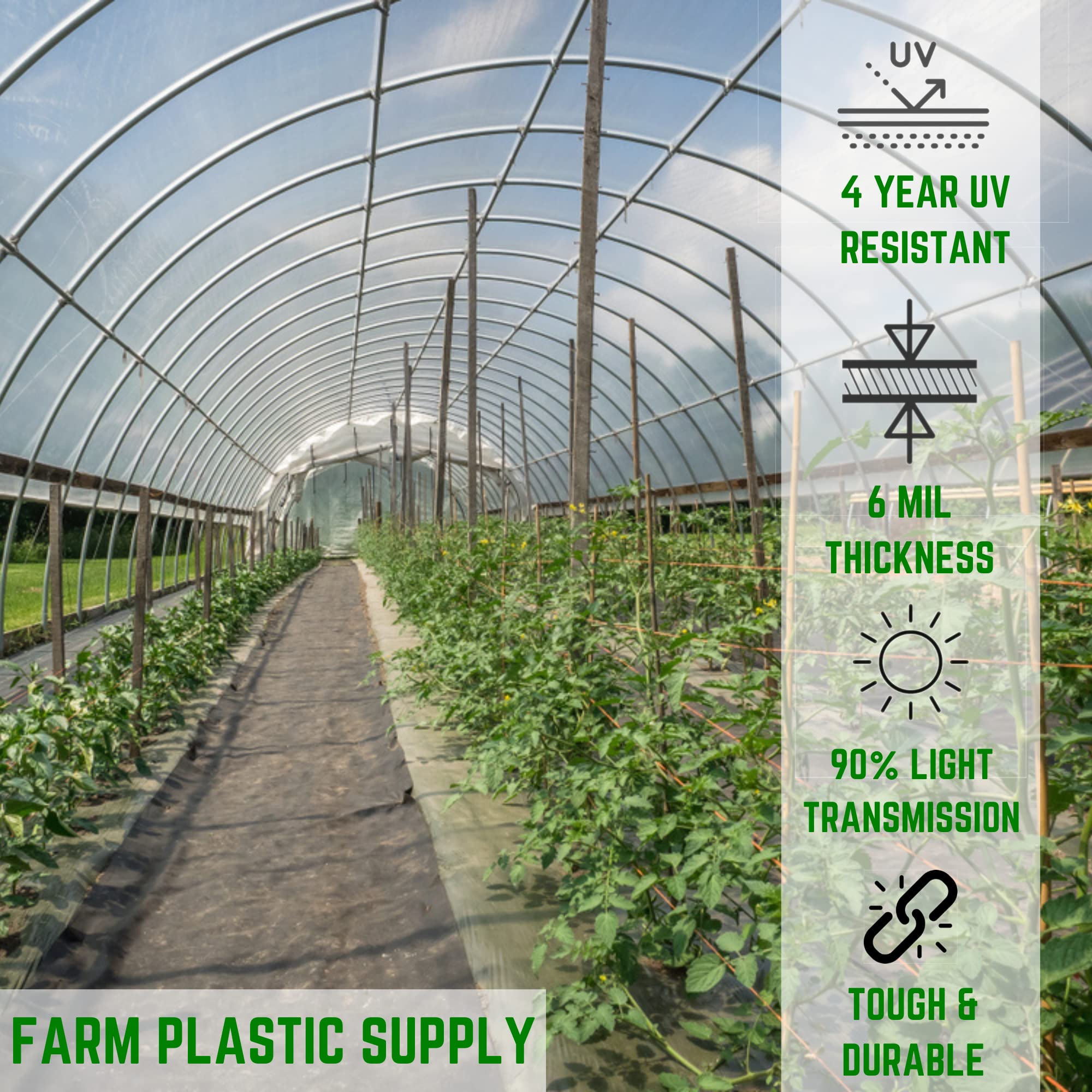 Farm Plastic Supply UV-stabilized greenhouse film; long-lasting outdoor use.