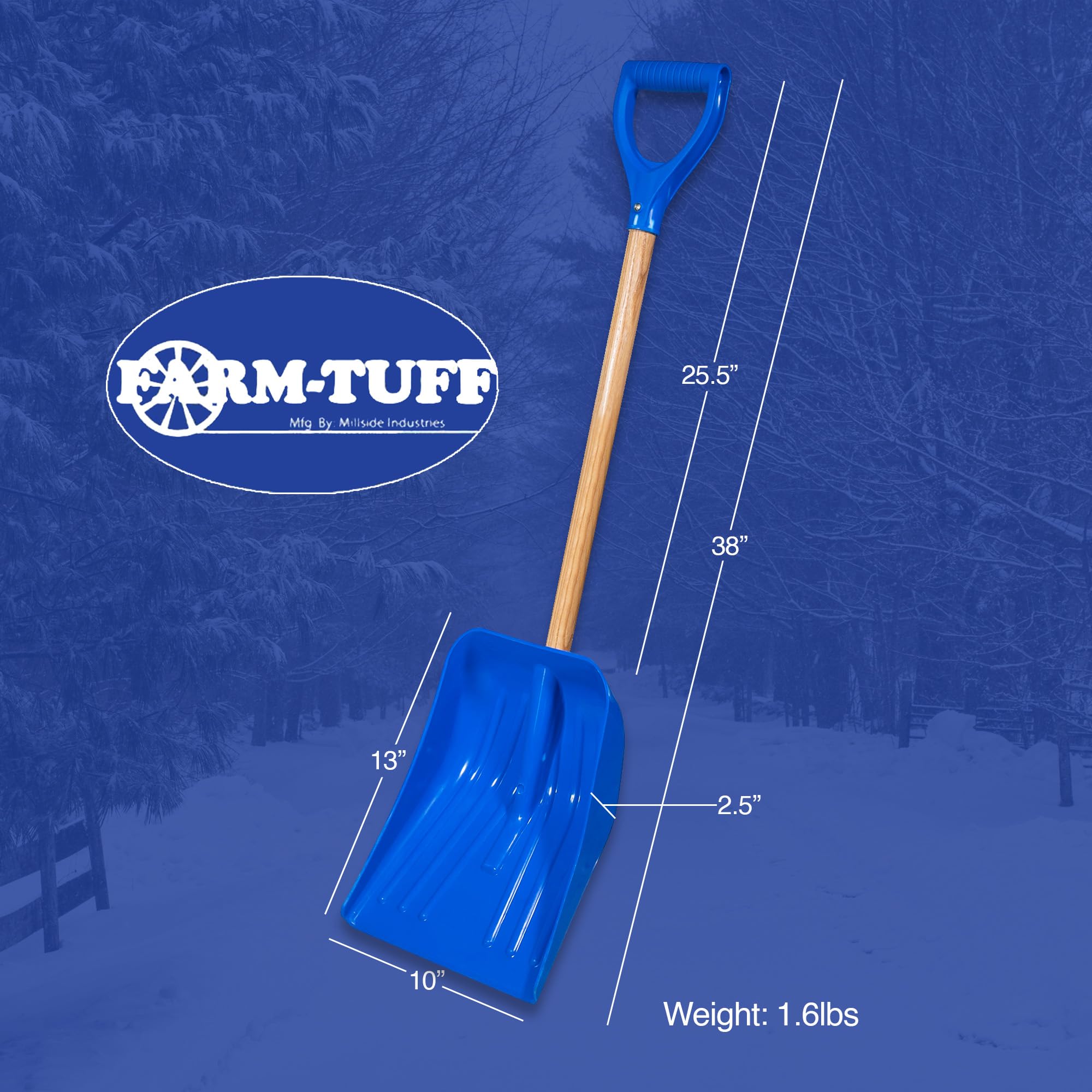 Farm-TUFF 13x10 non-stick blade stays smooth for snow and soil tasks.