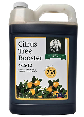 Farmer's Secret Citrus Tree Booster bottle close-up with concentrated formula for robust growth