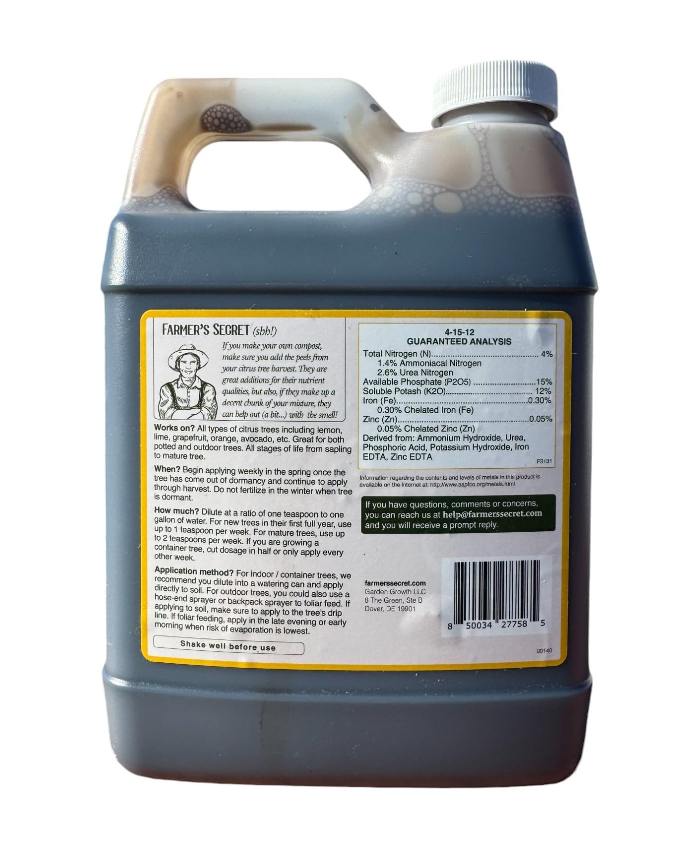 Farmer's Secret Citrus Tree Booster bottle label shows concentrated formula