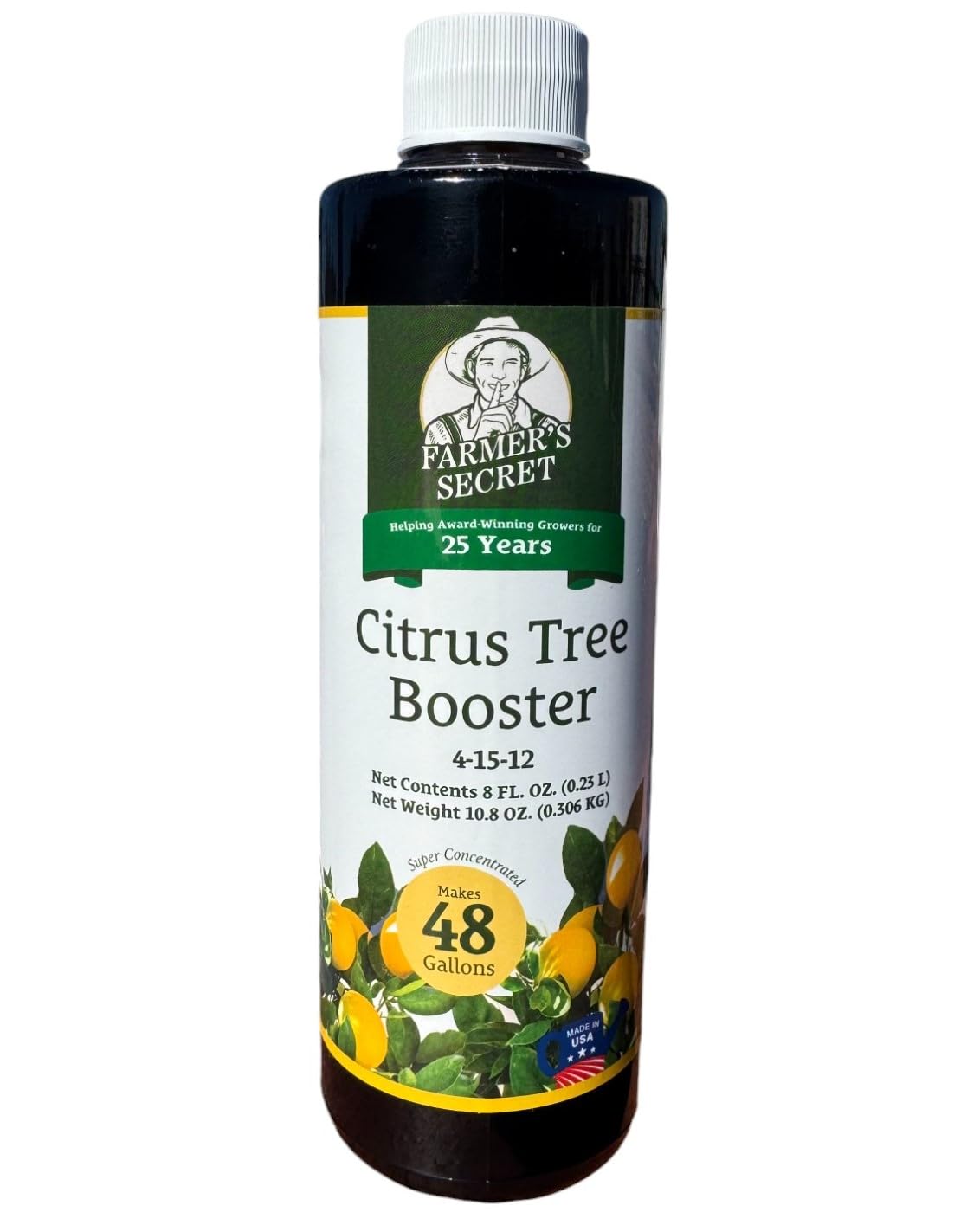 Farmer's Secret Citrus Tree Booster bottle promoting outdoor growth