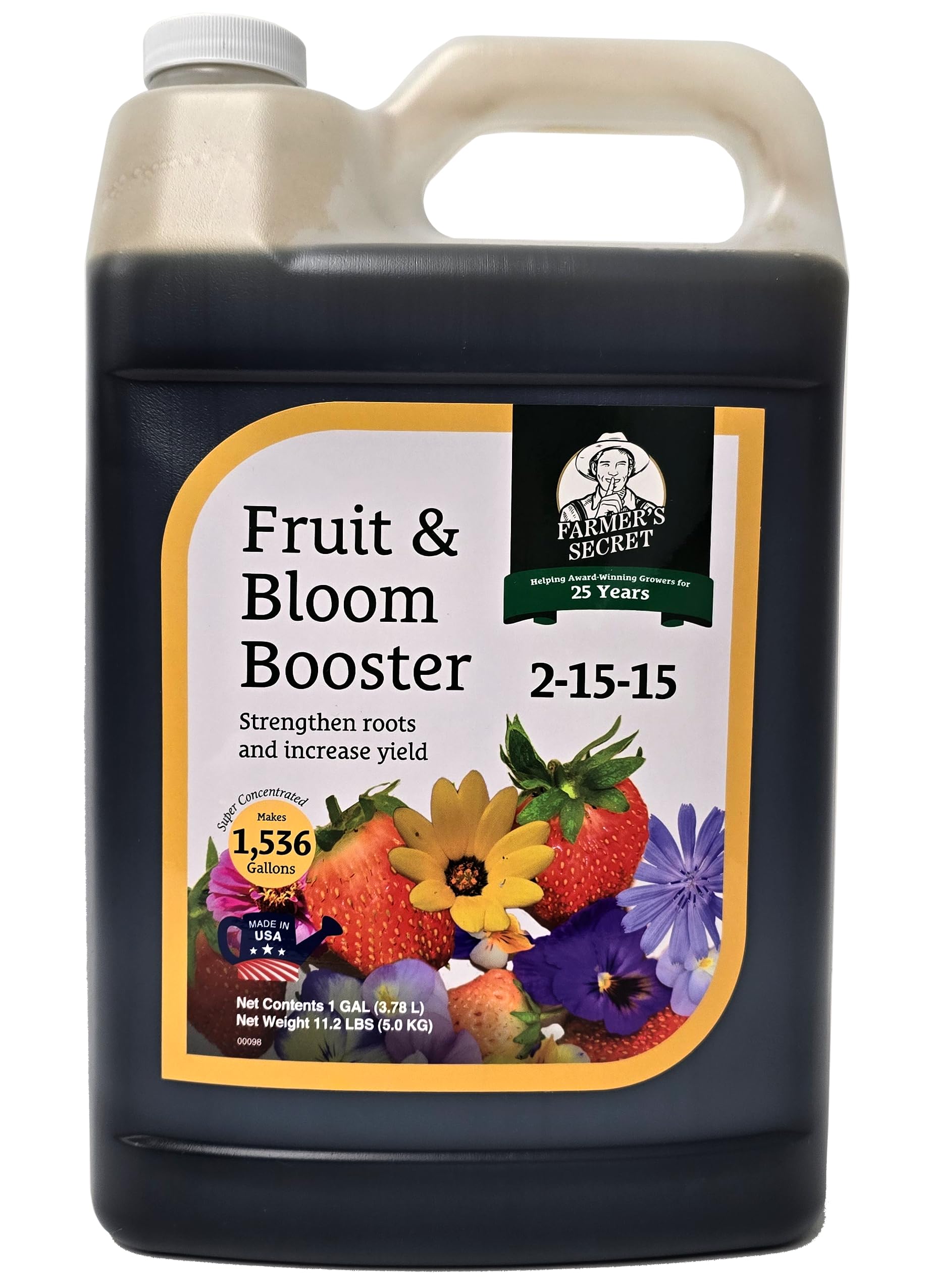 Farmer's fruit-bloom-booster bottle close-up for vibrant blooms and richer fruit set.