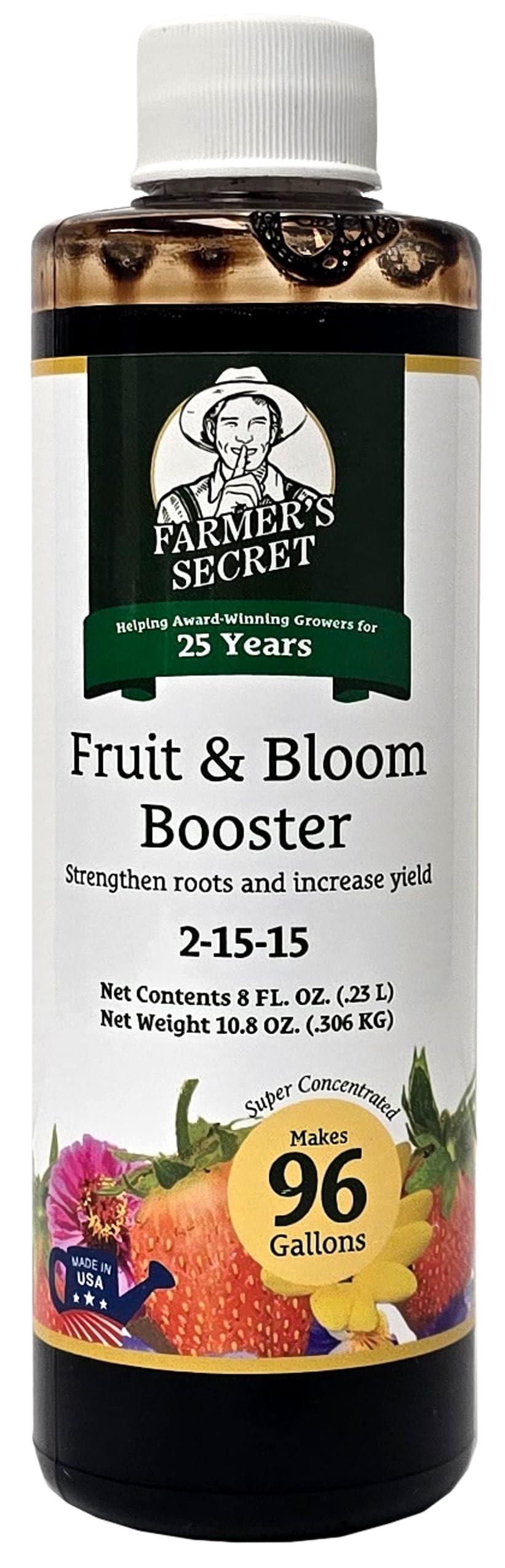 Farmer's Secret fruit bloom booster bottle boosts blooms and fruit quality.