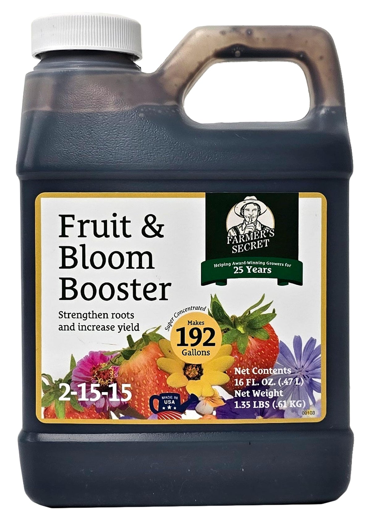 Farmer's Secret fruit and bloom booster bottle supports abundant blooms and fruit.