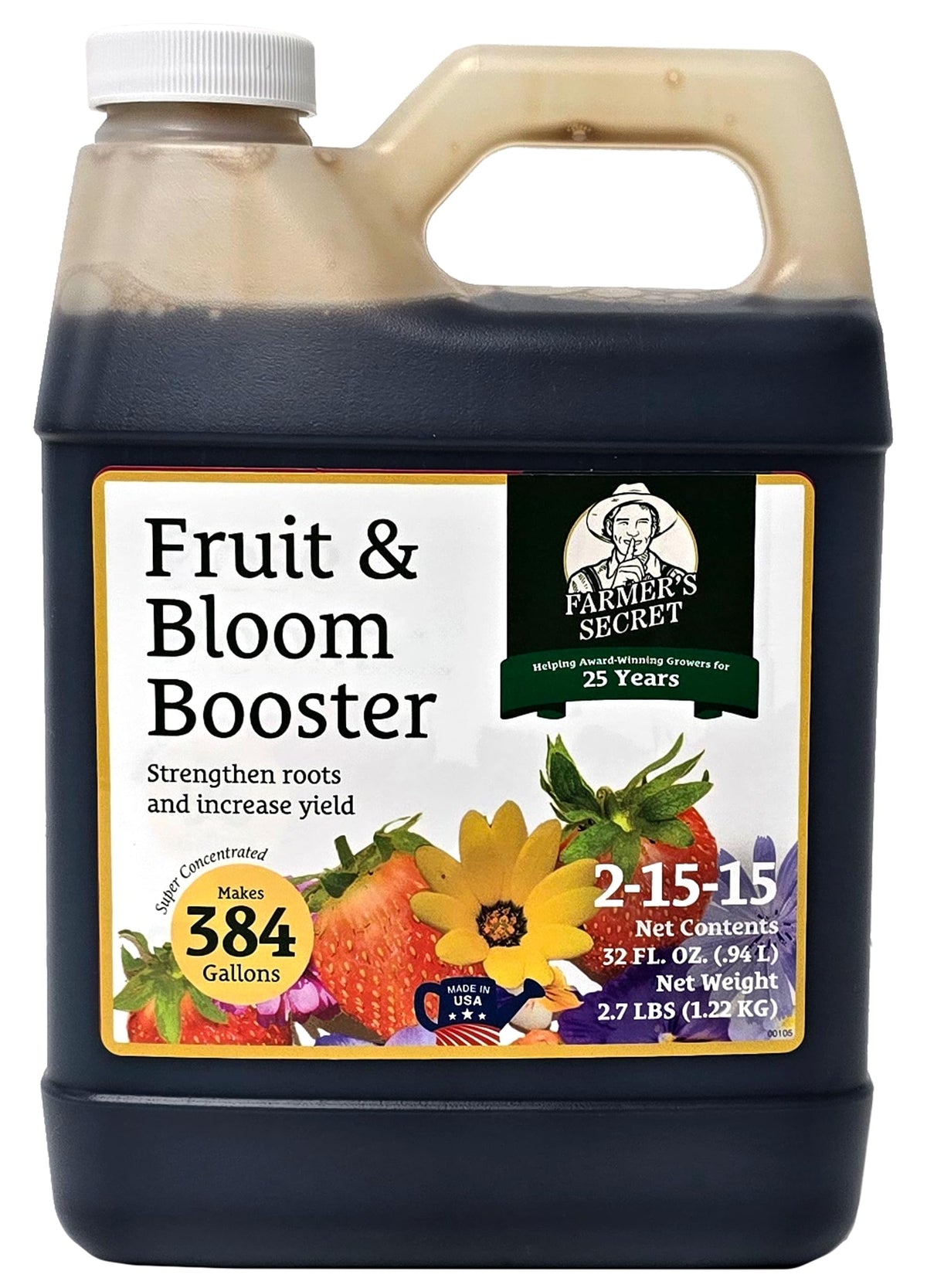 Farmer's Secret Fruit and Bloom Booster bottle ready for garden feeding and blooming.